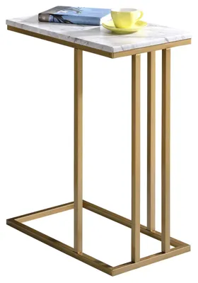 Produktbild von Beistelltisch CARLOTA, Wohnzimmertisch Couchtisch rechteckig im Retro Stil, Metallgestell in gold MDF Tischplatte Nachbildung Marmor weiß