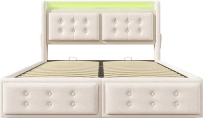 Produktbild von Flieks Polsterbett 160x200cm mit Ladefunktion, Doppelbett Jugendbett mit LED, Hydraulisches Stauraumbett Boxspringbett mit Lattenrost, Baumwolle Beige