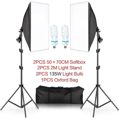 Produktbild von Fotografie Softbox Beleuchtungsset, 50 x 70CM Softbox, 2M Lichtstativ, 135W Glühbirnen