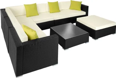 A sectional outdoor furniture set with a coffee table and ottoman, displayed on a white background.