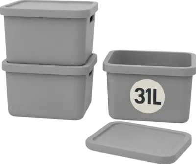 Produktbild von Plastard Boxen 31 L, 3er-Set, stapelbar, BPA-frei, Grau, mit Deckel