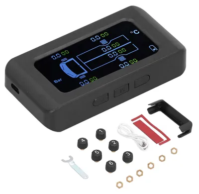 Obrázek produktu pro Univerzální systém monitoringu tlaku v pneumatikách s solárním nabíjením a USB, rozsah 0-8,5 bar (122 PSI), pro nákladní vozidla, vybavený 6 externími senzory