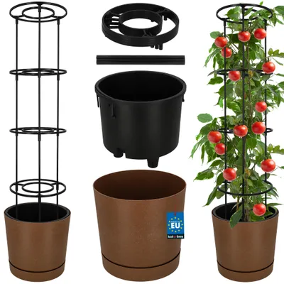 Immagine prodotto di Vaso da fiori KOTARBAU® per pomodori, diametro 29 cm, con supporto per piante rampicanti. Torre per pomodori, altezza 108 cm. Robusto e durevole, in plastica marrone