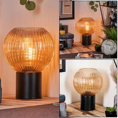 Produktbild von Cesaro Tischlampe aus Metall/Riffelglas in Schwarz/Bernsteinfarben