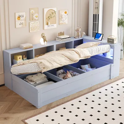 Produktbild von Schlafsofa 90x200 cm mit LED-Lichtleiste, Steckdose, seitlichen Staufächern und hydraulischem Bettkasten, Multifunktionales Massivholzbett, Einzelbett, Grau