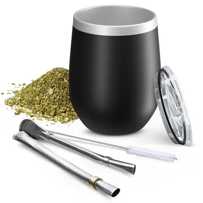 Yerba Mate Becher 350 ml mit 2 Stahlhalmen, doppelwandig, schwarz