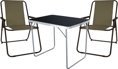 A folding camping table and two chairs are shown against a white background.