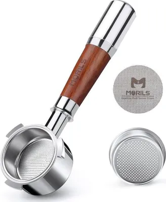 Zdjęcie produktu dla Uchwyt filtra bez dna 54 mm, uchwyt filtra kompatybilny z Breville 870/878/880 - uchwyt filtra ze stali nierdzewnej 54 mm z koszykiem na 1 filiżankę, uchwyt łączący wykonany z drewna orzechowego i
