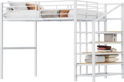 Produktbild von Hochbett 140x200cm Kinderbett (ohne Matratze) Metallkonstruktion mit geraeumigem Stauraum Mit Lagertreppe Erwachsenebett Stauraumbett Weiss