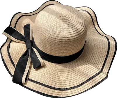 Produktbild von Strandkappe für Damen, Schleifendekor, breite Krempe, flache Oberseite, farblich passender dekorativer Sonnenschutz, atmungsaktiv, gewellter Rand, Sonnenhut für Damen, Kopfbedeckung, Beige, Größe S