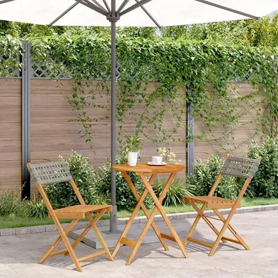Imagen del producto de Conjunto de jardín de 3 piezas, color gris, fabricado con ratán sintético y madera maciza, para uso en exteriores