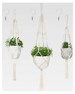 Produktbild von 3 Stück Makramee Blumenampel Pflanzenhänger aus Baumwollseil mit Quasten für Innen und Außen 66cm/86cm/104cm