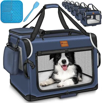 Produktbild von Hundebox faltbar inkl. Leckmatte, Spatel & Reflektoren XXL 92x63x63cm | Transportbox für Hunde und Katzen | Hundetransportbox Auto für kleine & große Hunde | Hundetasche robust Navyblau