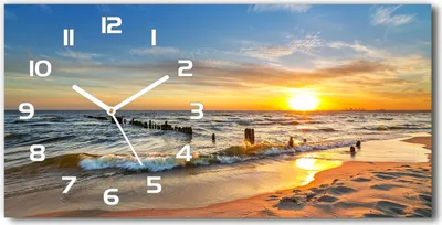 Produktbild von Wanduhr aus Glas – 60x30 cm - Glasbild - Glasuhr - Gehärtetes Glas - weisse-zeiger - Sonnenuntergang am Strand