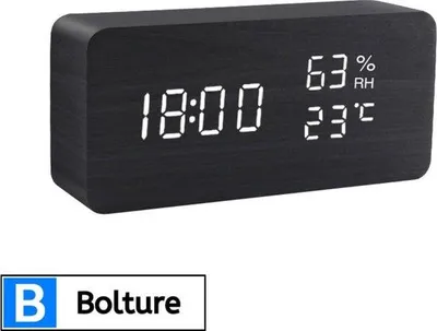 Productafbeelding van Bolture Reiswekker Digitaal - Houten Wekker Met Alarm - Alarmklok - Temperatuurmeter - Luchtvochtigheidsmeter - Zwart