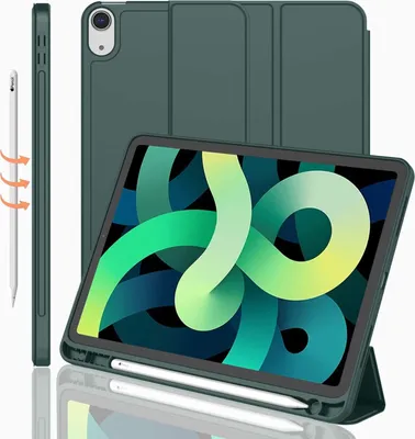 Produktbild von Schlanke Hülle für iPad Air 4. Generation Hülle 2020, iPad 10,9 Zoll Hülle 2020 mit Stifthalter [Unterstützung Touch ID und iPad 2. Bleistift aufladen / paarweise], Trifold Stand Smart Hülle mit weichem TPU-Rücken (Mitternachtsgrün)
