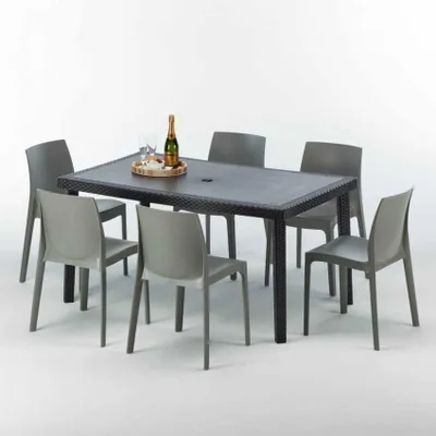 Produktbild von Poly Rattan Tisch Rechteckig mit 6 Bunten Polyrattan Stühlen 150x90 Schwarz