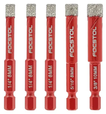 Zdjęcie produktu dla Zestaw wierteł diamentowych do płytek, 5 sztuk, średnice: 6/8/10 mm, z trzonkiem sześciokątnym, do ceramiki, marmuru i granitu