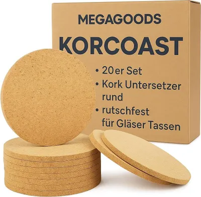 Produktbild von 20er Set Kork Untersetzer rund rutschfest für Gläser Tassen DE.