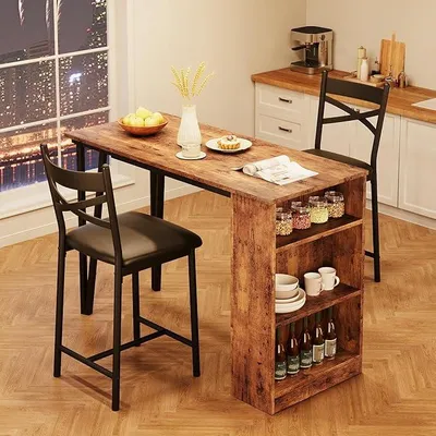 Produktbild von Bartisch Set 3-Teilig, Esstisch Mit 2 Stühlen Küchentisch Klein Mit 3 Seitenregalen, Tisch Und Stühle Set Essgruppe Für Esszimmer Küche