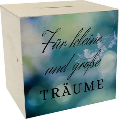 Produktbild von Traumerfüller Spardose aus Holz mit Spruch Für kleine und große Träume