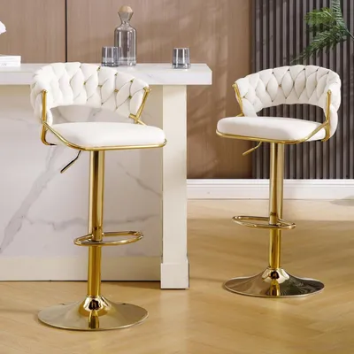 Produktbild von Barhocker Samt 2er Set höhenverstellbar 360° drehbar geflochtene Rückenlehne goldene Fußstütze Weiß