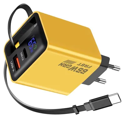 Produktbild von 65W GaN 3-in-1 Ladegerät USB-C mit einziehbarem Kabel (65 cm) – USB-C + USB-A, gelb – kompatibel mit MacBook, iPhone, Galaxy und Switch