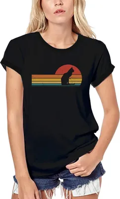 Produktbild von Damen Grafik T-Shirt aus Biobaumwolle Retro Katze Sonnenuntergang – Retro Cat Sunset – Öko-Verantwortlich Vintage Jahrgang Kurzarm Lustige Druck