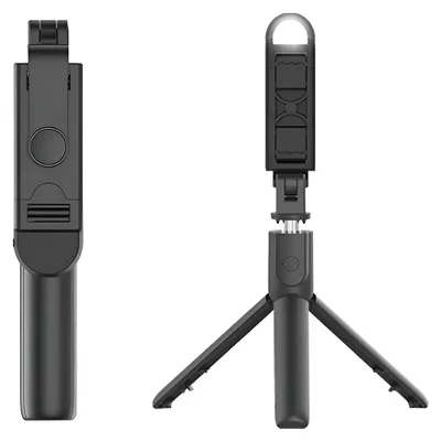 Produktbild von Techsuit – Mini-Selfie-Stick mit kompaktem Stativ, Bluetooth-Fernbedienung, LED-Licht, faltbar, 105 cm – schwarz