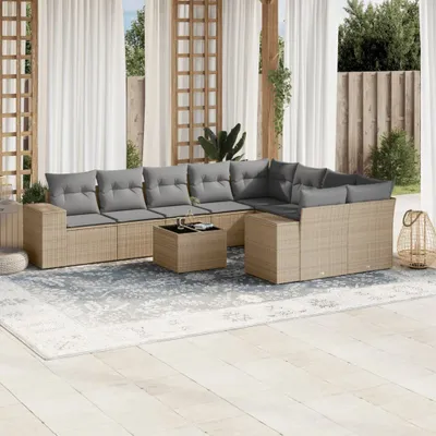 Produktbild von Design 10-tlg. Garten-Sofagarnitur mit Kissen Beige Poly Rattan, Gartenmöbel-Sets 2024 Neu