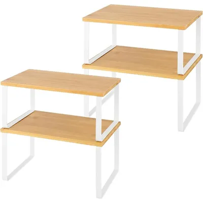 Image de Étagère à épices pour la cuisine - Ensemble de 2 étagères empilables pour épices - Étagère de comptoir en bambou et en métal