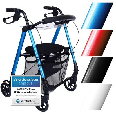 Produktbild von Leichter Indoor Rollator IR10+ Blau - Wohnungsrollator schmal & faltbar - inkl. Rückengurt, Netztasche & Tablett - MOBILITY PLUS+