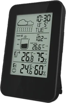 Produktbild von Wetterstation mit Regenmesser, Vorhersage, Innen/Außen-Temp & -Feuchte.