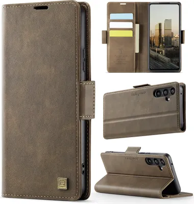 Image de Étui en cuir pour Samsung Galaxy A35 5G, protection RFID, fermeture magnétique, fentes pour cartes et support Marron