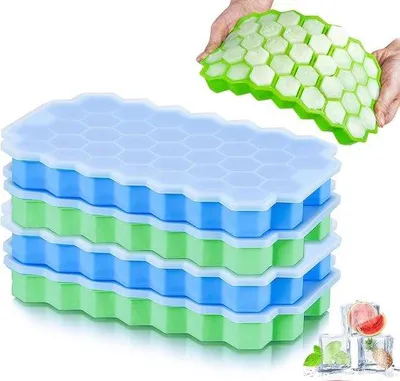 Obrázek produktu pro Silikonové formy na kostky ledu, 37 přihrádek, sada 4 forem na kostky ledu s víkem, stohovatelné formy na kostky ledu pro whisky, koktejly, čokoládu, cukrovinky, modrá, 2 x zelená