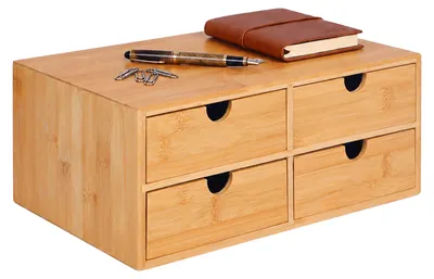 Imagen del producto de Caja con cajones de Relaxdays, bambú, 4 cajones, ideal para oficina y espacio de trabajo en casa, dimensiones: 13,5 x 33 x 21 cm, organizador de escritorio, color natural, Imagen generada por IA