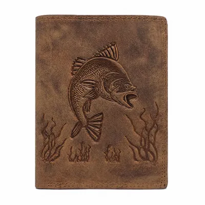 Produktbild von RFID Büffel Echt Leder Herren Geldbörse Portemonnaie mit geprägtem Fisch Motiv Braun Hochformat, KI-generiertes Bild