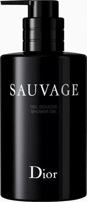 A black bottle of Dior Sauvage shower gel with white text.