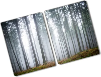 Produktbild von Tulup Glas Herdabdeckplatte - 2x40x52 cm - Glaskeramikkochfeld-Abdeckung Spritzschutz Glasabdeckplatte Kochplattenabdeckung und Schneidebrett - Zweiteilig - Landschaften - Nebel im Wald - Grau