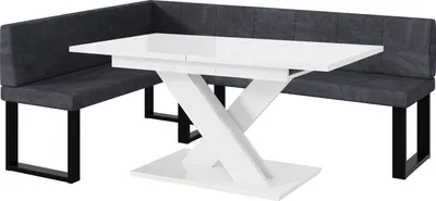 Produktbild von MEBLINI Eckbank für Esszimmer mit ausziehbarem Tisch  - Küchenbank - Essecke - Sitzecke Küche - PETER - U-Beine 142x196x87cm Links - Dunkelgrau Samt/B Weiß Hochgl.