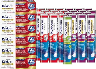 Produktbild von Kukident Set: Anti-Zahnstein 1x30 Tabs, Zahnweiß 12x30 Tabs, Aktiv Plus 12x33 Tabs, Haftcreme 6x40g