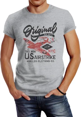 Produktbild von Herren T-Shirt US Airforce Army Motiv Spitfire Flugzeug Vintage Motiv Retro Schriftzug Fashion Streetstyle Neverless®  grau 4XL