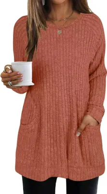 Produktbild von ASKSA Pullover Damen Elegant Basic Langarmshirt Oberteile Tunika Rundhals Top Sweatshirt Locker Tshirt mit Taschen,Orange,XL