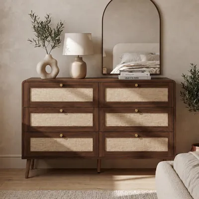 Immagine prodotto di Comodino/Credenza Merax con 6 cassetti, mobile contenitore con aspetto rattan, design noce, angoli arrotondati, gambe alte, MDF, ideale per la camera da letto, finitura noce