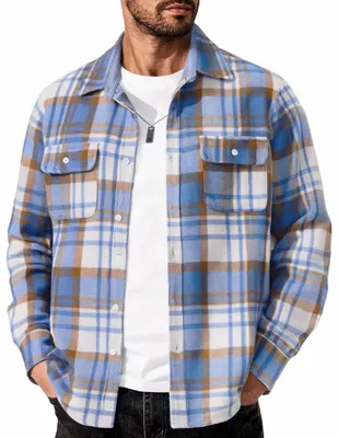 Immagine prodotto di Elzusha - Camicia a quadri in flanella da uomo - Maniche lunghe con taschino sul petto - Vestibilità regular