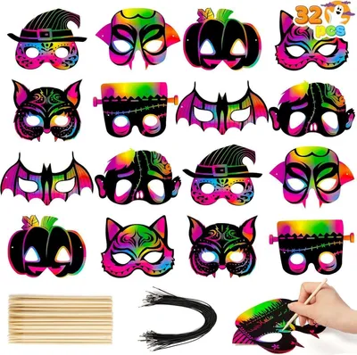 Produktbild von JOYIN 32-teiliges Halloween-Kratzmasken-Set 8 Designs Kunst Handwerk Süßes Saures Partyzubehör
