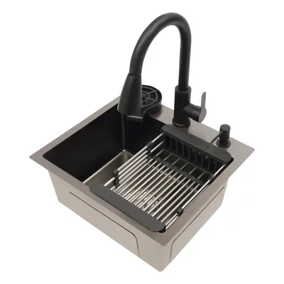 Immagine prodotto di Rubinetto da cucina con beccuccio estraibile - Acciaio inossidabile 201 - Lavello - Spazzola per bicchieri - Dispenser per sapone - 45x40 cm
