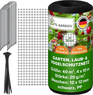 Produktbild von TTL GARDEN Vogelschutznetz 4x10m schwarz 20g/m² engmaschig Laubnetz Gartennetz mit Erdanker Set