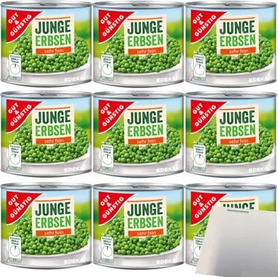 Produktbild von Gut & Günstig Junge Erbsen sehr fein sortiert 3er Pack (9x200g Dose) + usy Block