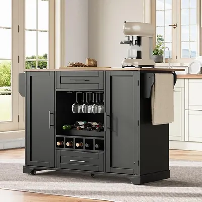 Produktbild von Kücheninsel mit Klappbarer Arbeitsplatte, Küchenwagen auf Rollen mit 2 Schubladen, Weinregal, Glashalter, Gewürzregal, Handtuchhalter, Küchenschrank für Küche, 138x70x92cm, Schwarz